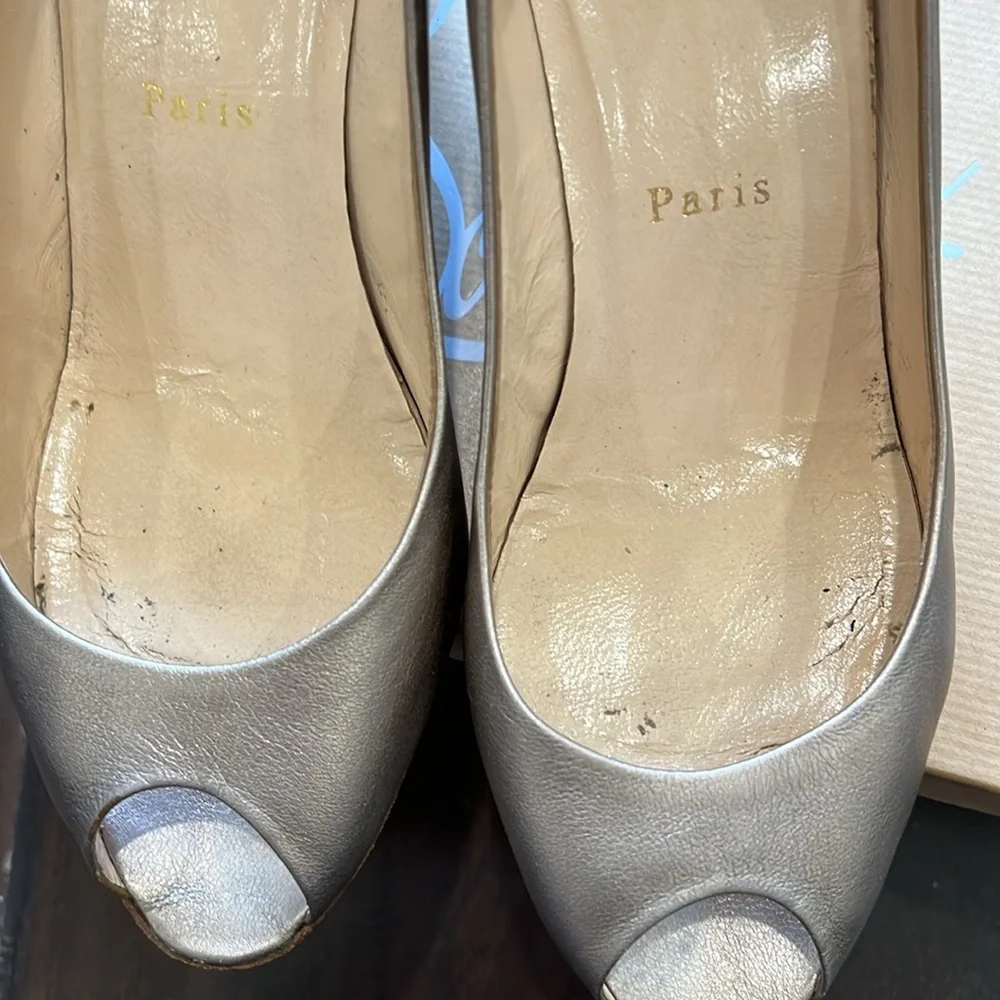 Christian Louboutin Light Gold Matatales 70 Peep Toe Wedges, size 38.5